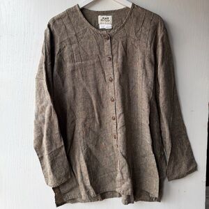 FLAX Rustic Brown Linen Collarless Button-Down Shirt